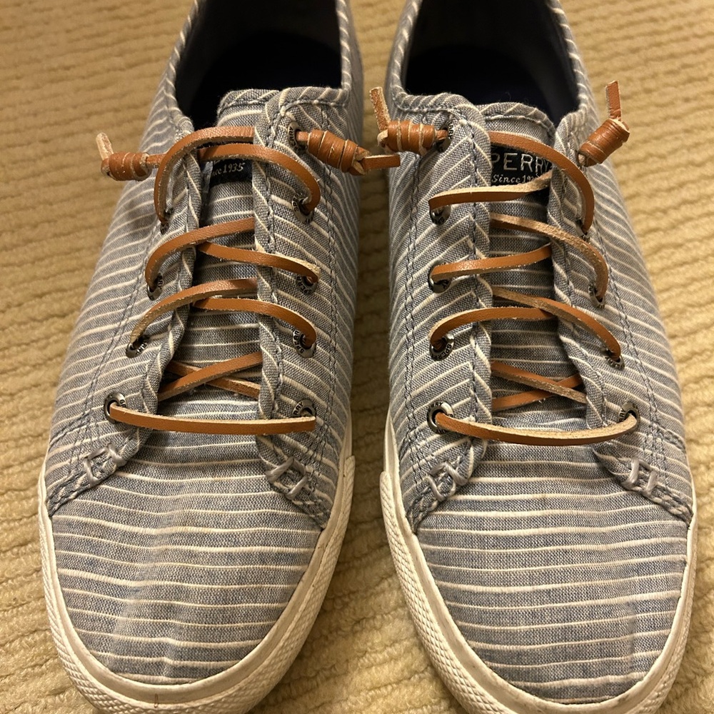 Sperry Women's Blue/White Striped Sneakers with Leather Laces